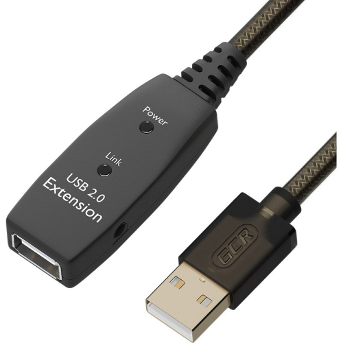 GCR Удлинитель активный 5.0m USB 2.0, AM/AF, GOLD, черно-прозрачный, с усилителем сигнала, разъём для доп.питания, 28/24 AWG (GCR-53804)