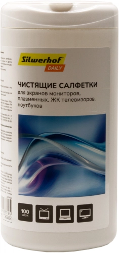 Салфетки Silwerhof DAILY для экранов мониторов/ плазменных/ ЖК телевизоров/ ноутбуков туба 100шт влажных (2061430) (2061430#MLN)