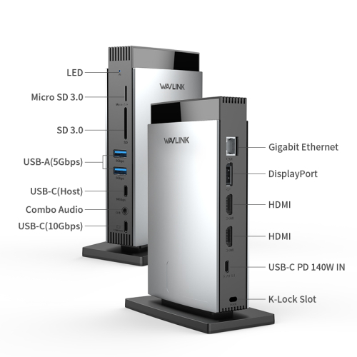 Docking Station WAVLINK USB-C PD3.1 Triple Display/ 140W PowerDelivery/ 2xUSB3.0/ 1xUSB C/ 1xDP 1.4/ 2xHDMI 2.1/ 1xGigabit LAN/ 1xAudio In/ Out/ 1xSD/ Micro SD CardReader (WL-UMD26) фото 3
