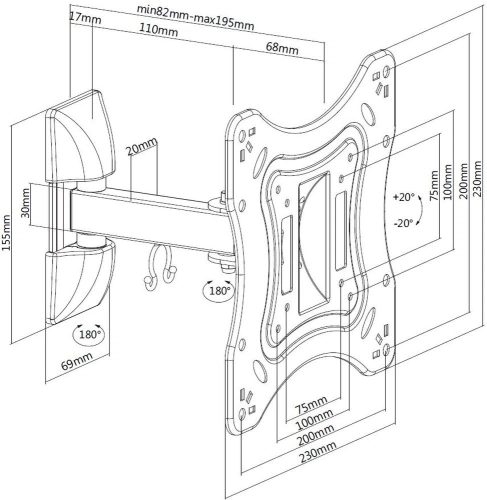 Кронштейн для телевизора Ultramounts UM865 черный 23-42 макс.20кг настенный поворотно-выдвижной и наклонный