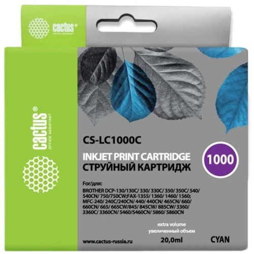 Картридж струйный Cactus CS-LC1000C голубой (20мл) для Brother DCP 130C/330С/MFC-240C/5460CN с чипом