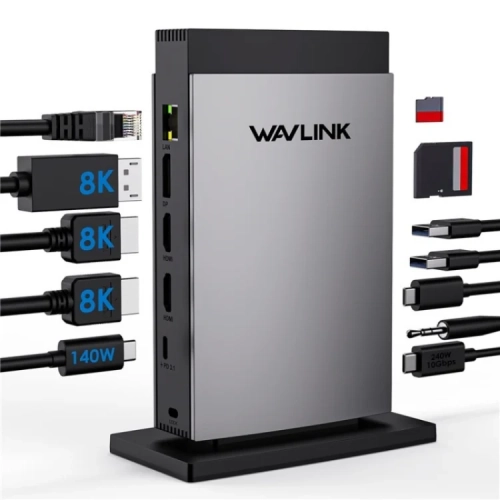 Docking Station WAVLINK USB-C PD3.1 Triple Display/ 140W PowerDelivery/ 2xUSB3.0/ 1xUSB C/ 1xDP 1.4/ 2xHDMI 2.1/ 1xGigabit LAN/ 1xAudio In/ Out/ 1xSD/ Micro SD CardReader (WL-UMD26) фото 4