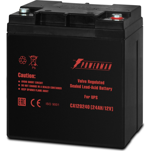 Батарея POWERMAN Battery CA12240, напряжение 12В, емкость 24Ач, макс. ток разряда 360А, макс. ток заряда 7.2А, свинцово-кислотная типа AGM, тип (POWERMAN BATTERY 12V/24AH)