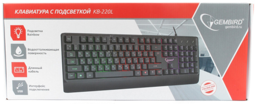 Клавиатура Gembird KB-220L с подстветкой, USB, черный, 104 клавиши, подсветка Rainbow, кабель 1.5м, водоотталкивающая поверхность (KB-220L) фото 3