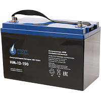 Battery Parus Electro, standard series HM-12-150, voltage 12V, capacity 150Ah (discharge 10 hours), max. discharge current (5sec) 970A, max. charge current 40A, lead-acid type AGM, bolt terminals M8, LxWxH 482x170x240mm., total height with terminals 240mm