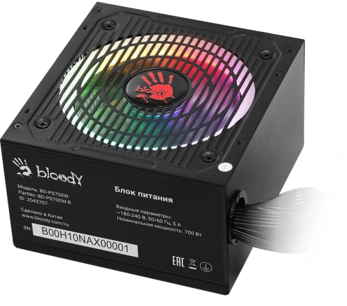 Блок питания Bloody ATX 700W BD-PS700W 80 PLUS WHITE (20+4pin) APFC 120mm fan color LED 6xSATA RTL (BD-PS700W-R) фото 3