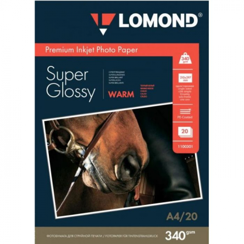 Фотобумага LOMOND Super Glossy Bright микропористая для струйной печати A4, 340 г/м2, 20 л. (1100301)