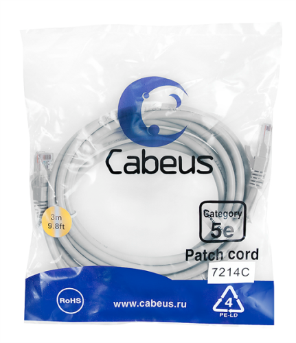 Cabeus PC-UTP-RJ45-Cat.5e-3m Патч-корд U/ UTP, категория 5е, 2xRJ45/ 8p8c, неэкранированный, серый, PVC, 3м