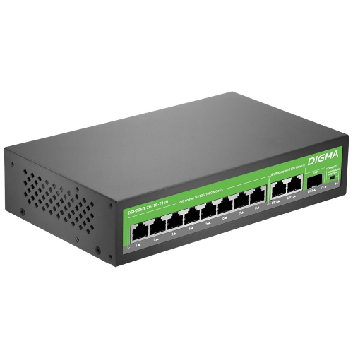 Коммутатор Digma DSP208G-2G-1S-T120 (L2) 10x1Гбит/ с 1SFP 8PoE 8PoE+ 120W неуправляемый фото 2