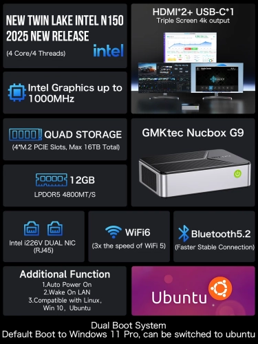 Мини ПК GMK Technology NucBox G9/N150/12+512GB (Intel N150)12GB+512GB, 64GB EMMC, Win11 Pro фото 15