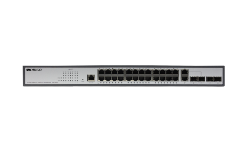 ORIGO Managed L2 Switch 24x1000Base-T PoE, 2x1000Base-X SFP, 2xCombo 1000Base-T/ SFP, PoE Budget 250W, RJ45 Console, 19