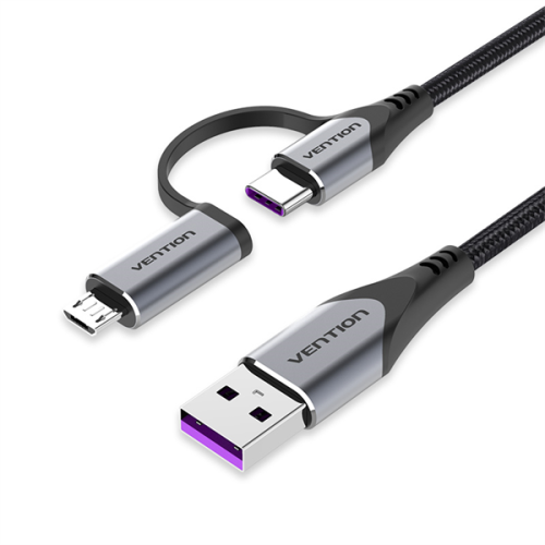 Vention USB 2.0 A Male to 2-in-1 USB-C&Micro-B Male 5A Cable 1M Gray Aluminum Alloy Type (CQFHF)