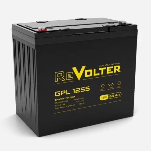 Батарея REVOLTER серия GPL, REVOLTER GPL 1255, напряжение 12В, емкость 55.6Ач (разряд 10 часов), макс. ток разряда (5 сек.) 550А, макс. ток заряда 16.5А, свинцово-кислотная типа AGM, клеммы под болт