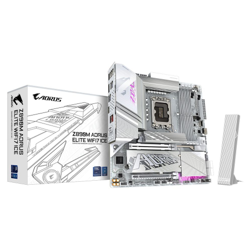 Материнская плата/ Z890M AORUS ELITE WIFI7 ICE, Socket 1851, Intel®Z890, 4xDDR5-6400, DP, 2xPCI-Ex16, 4xSATA3(RAID 0/1/5/10), 3xM.2, 8Ch Audio, 1x2.5GbLan, WiFi, (4+4)xUSB2.0, (5+2)xUSB3.2, (1+1)xUSB Type-C™, mATX, RTL