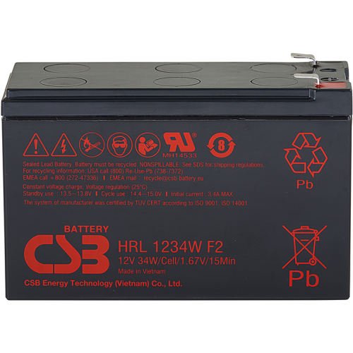 Батарея CSB серия HRL, HRL1234W F2 FR, напряжение 12В, емкость 8.5Ач (разряд 20 часов), 34 Вт/ Эл при 15-мин. разряде до U кон. - 1.67 В/ Эл при 25 °С, макс. ток разряда (5 сек.) 130А, ток короткого замыкания 367А, макс. ток заряда 3.4A, свинцово-кислот