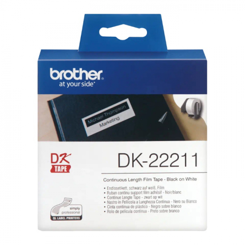 Лента Brother DK22211 неразрезанная плёночная лента для печати наклеек черным на белом фоне, 29 мм x 15.2 м