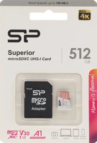 Флеш карта microSDHC Silicon Power Superior microSDXC 512GB A1, Class 10, UHS Class 1, Video Class 30, R/ W 80/ 100, адаптер SP512GBSTXDV3V20SP фото 3