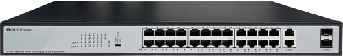 Коммутатор/ Неуправляемый PoE-коммутатор, 26x1000Base-T (24x1000Base-T PoE), 2xCombo 1000Base-T/SFP, PoE-бюджет 370 Вт, PoE до 250 м, комплект для установки в 19