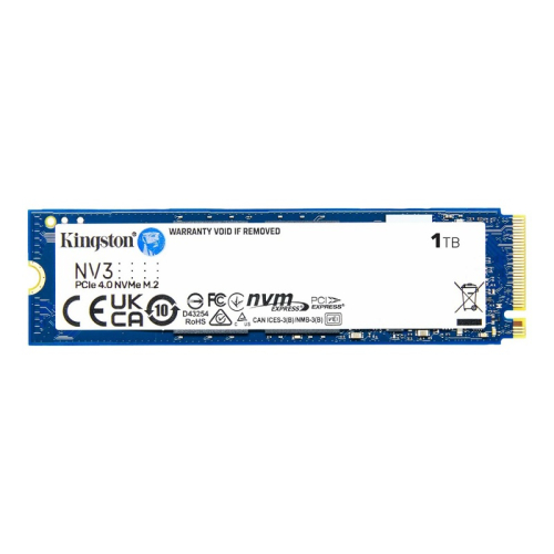Твердотельный накопитель/ Kingston SSD NV3, 1000GB, M.2(22x80mm), NVMe, PCIe 4.0 x4, 3D TLC, R/W 6000/4000MB/s, TBW 320, DWPD 0.3 (12 мес) (SNV3S/1000G)