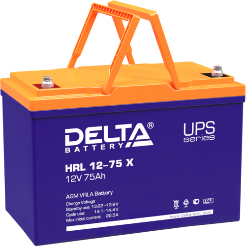 Батарея DELTA серия HRL-X, HRL 12-75 X, напряжение 12В, емкость 75Ач (разряд 10 часов), макс. ток разряда (5 сек.) 700А, макс. ток заряда 22.5А, свинцово-кислотная типа AGM, клеммы под болт М6, ДxШxВ