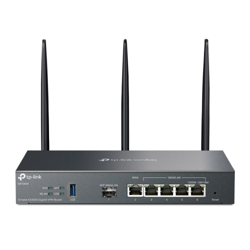 TP-Link ER706W, VPN-маршрутизатор Omada с гигабитными портами и поддержкой Wi-Fi AX3000, 1 гиг. SFP WAN/ LAN, 1 гиг. RJ45 WAN, 4 гиг. RJ45 WAN/ LAN, USB 3.0, до 574 М/ с на 2,4 ГГц + до 2402 М/ с