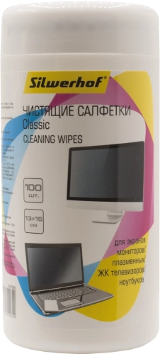Салфетки Silwerhof Classic для экранов мониторов/ плазменных/ ЖК телевизоров/ ноутбуков туба 100шт влажных (1937809) (1937809#MLN)