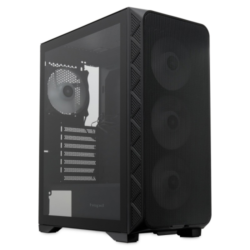 Корпус без блока питания/ HSPD M521, Mesh Mid Tower, Black, slide TG, 0.45 SPCC, 4x120mm ARGB ATX, mATX, mITX 160/330/184mm 2x2.5