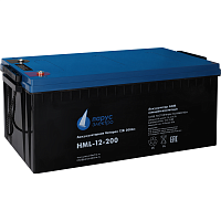 Battery Parus Electro, professional series HML-12-200, voltage 12V, capacity 200Ah (discharge 10 hours), max. discharge current (5sec) 1000A, max. charge current 60A, lead-acid type AGM, bolt terminals M8, LxWxH 522x238x218mm., total height with terminals