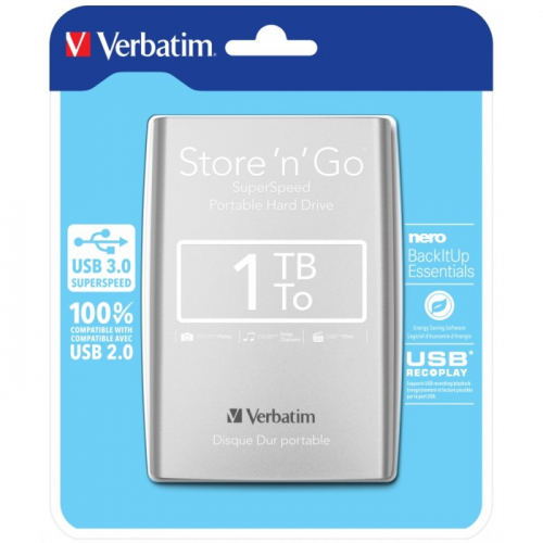 Внешний диск Verbatim Store 'n' Go 1 Тб серебристый, USB 3.0 (053071)