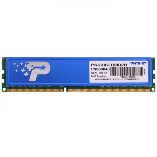 Модуль памяти Patriot DDR3, DIMM, 4GB, 1600Mhz, PC3-12800 Mb/s, CL11, 1.5V, RTL (PSD34G16002)